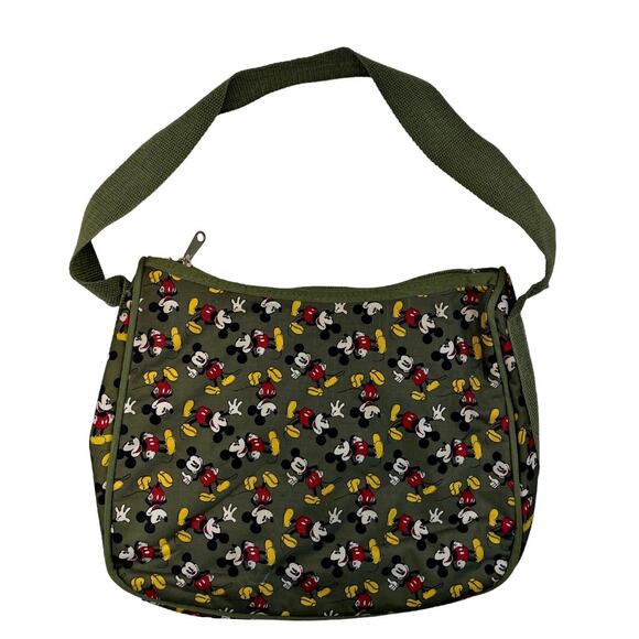 Disney Mickey Mouse All Over Print Olive Green Zippered Shoulder Bag Ripstop - Picture 2 of 7